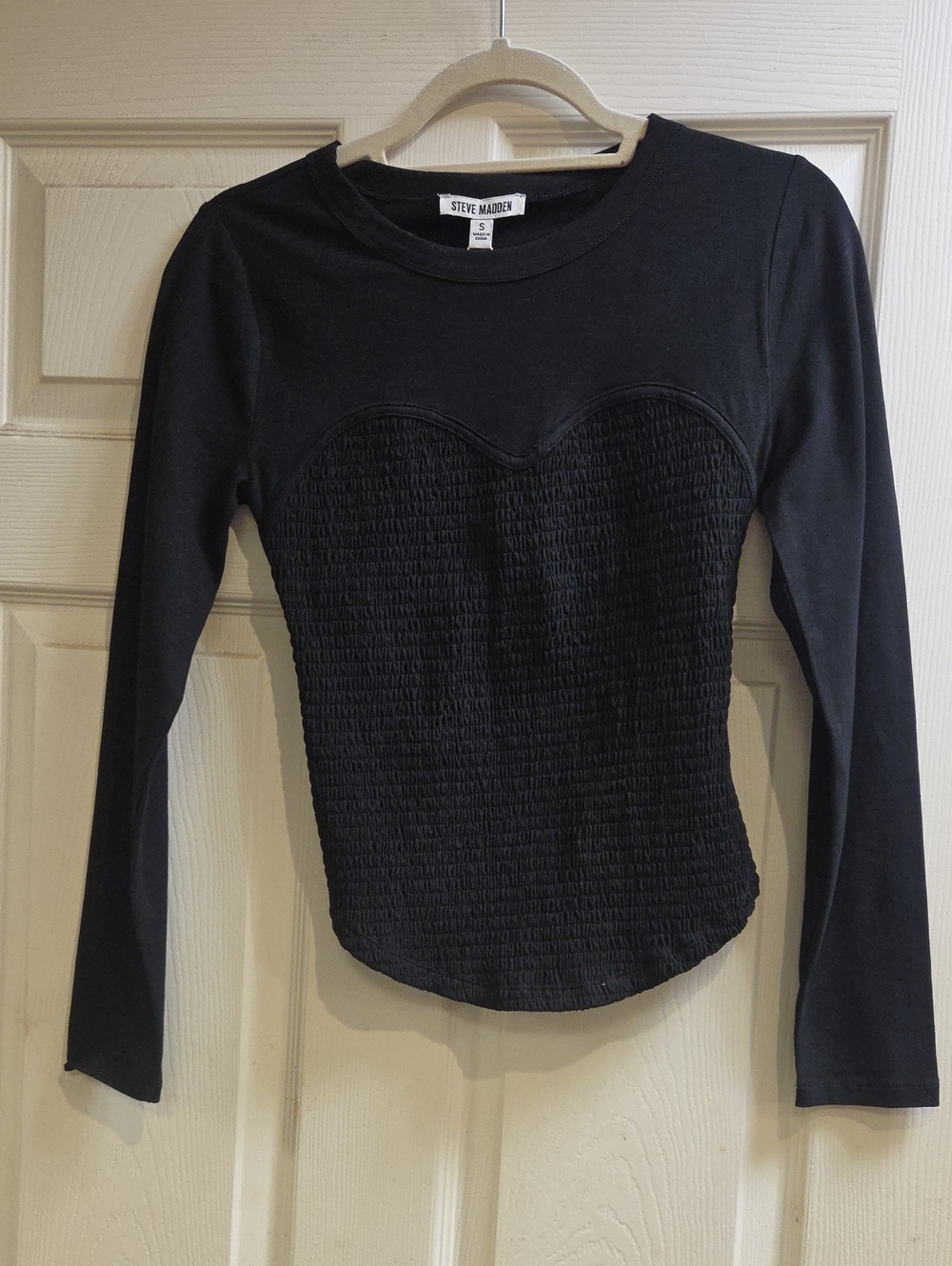 Steve Madden Black Smocked Sweetheart Long-Sleeve Top NWT